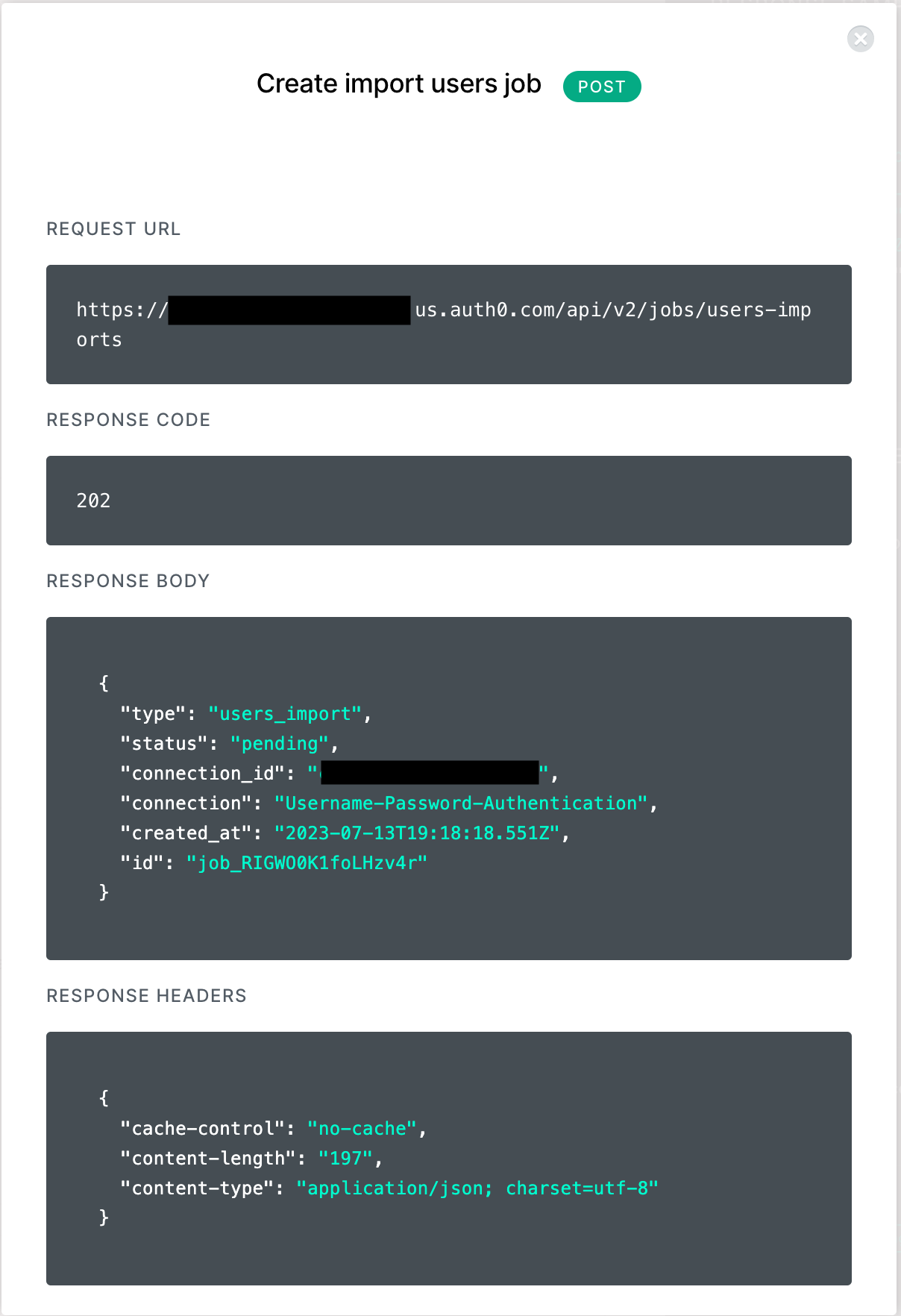 Sample create job response json