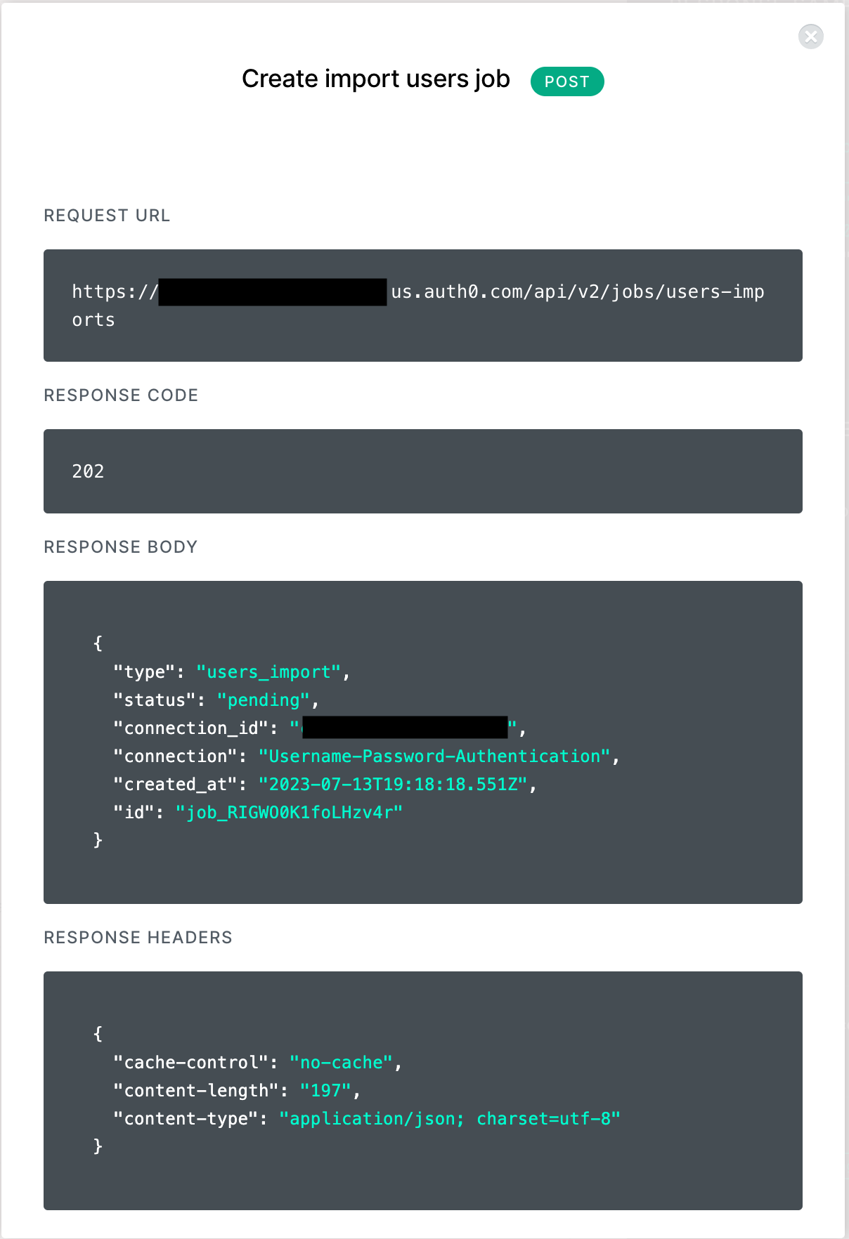 Sample create job response JSON